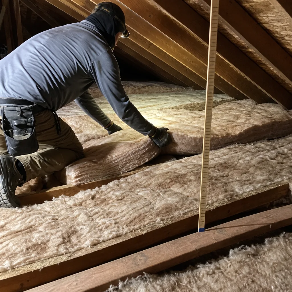 Professional technician installing fiberglass batt insulation in a residential attic