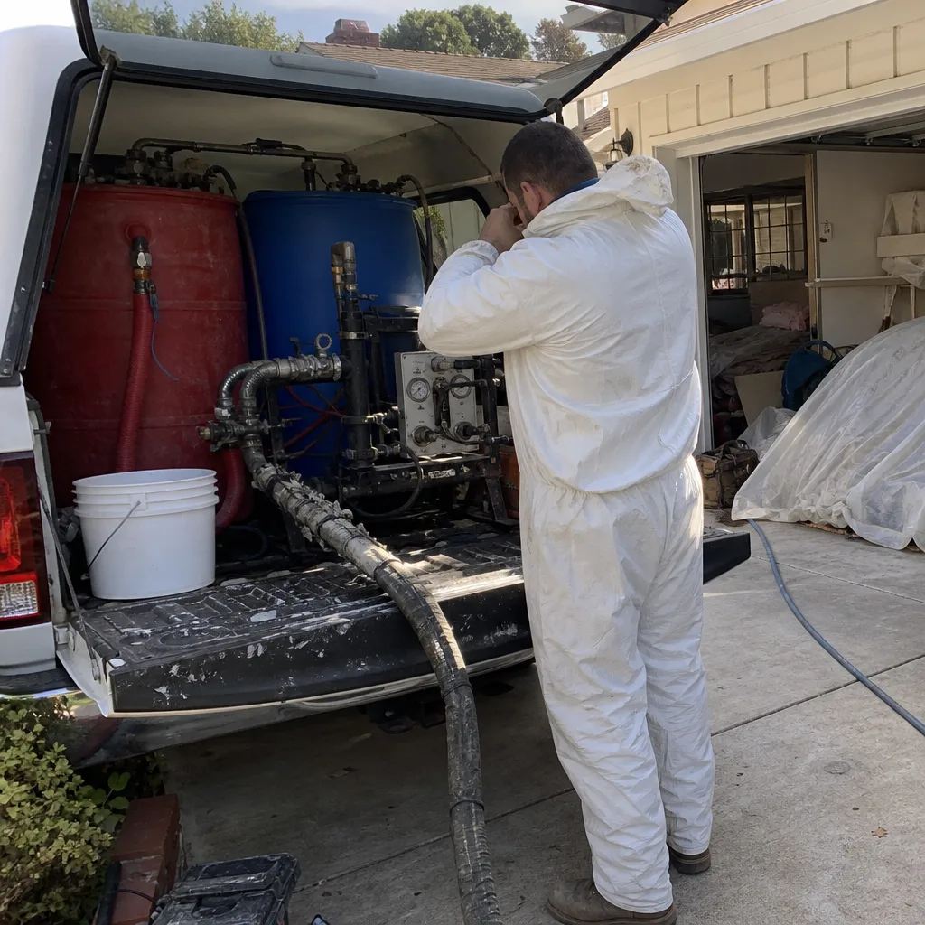 Technician operating professional spray foam insulation equipment from a truck