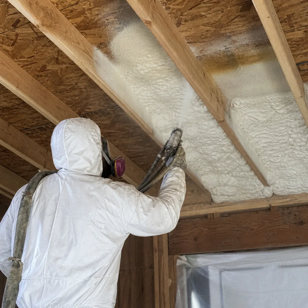 Professional contractor applying spray foam insulation to residential ceiling joists