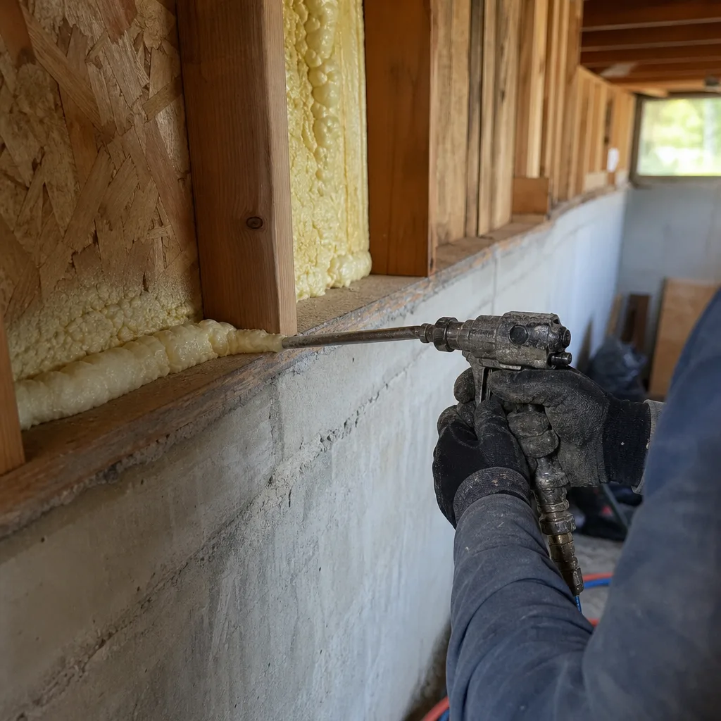 Professional applying spray foam insulation to basement wall studs